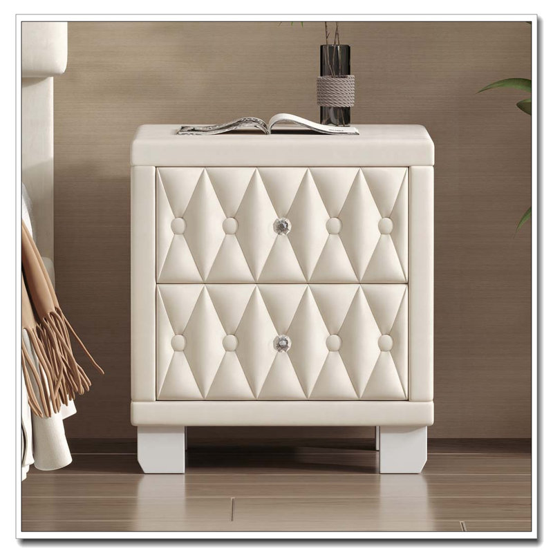 18.1" Velvet Nightstand with 2 Drawers and Crystal Handles, Beige