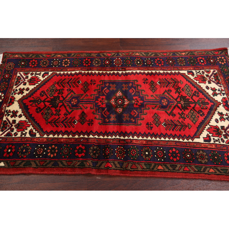 Tapis décoratif en laine de conception unique noué à la main New Age Hamedan rouge de 3 pi x 5 pi 2 po