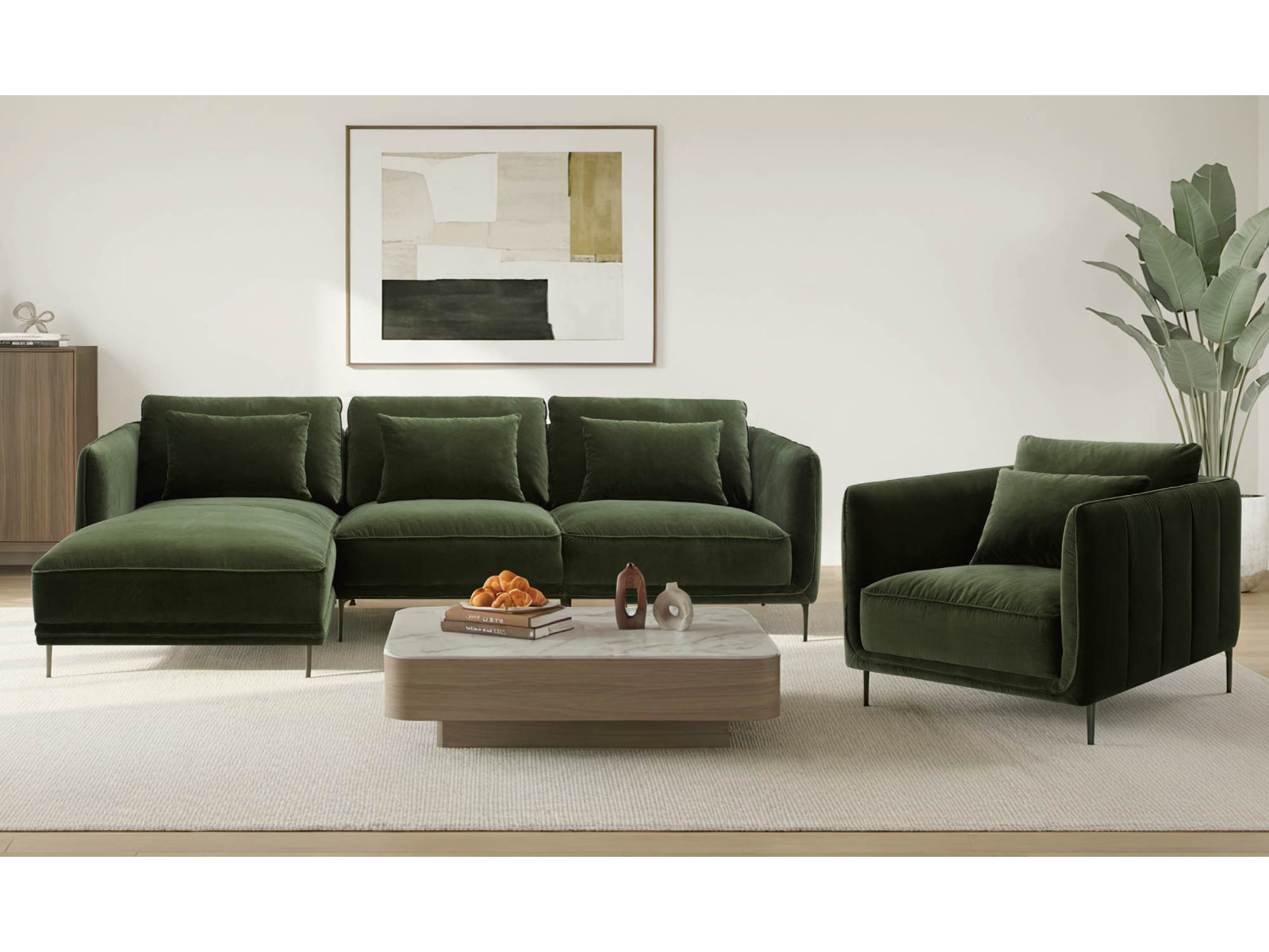 Rae 3 Piece Upholstered Living Room Set, Left Hand Facing, Military Green