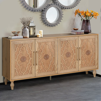 Carved Flower Door Large Storage Cabinet With Metal Handle Suitable For Living Room, Kitchen, Entryway(NATURAL WOOD)