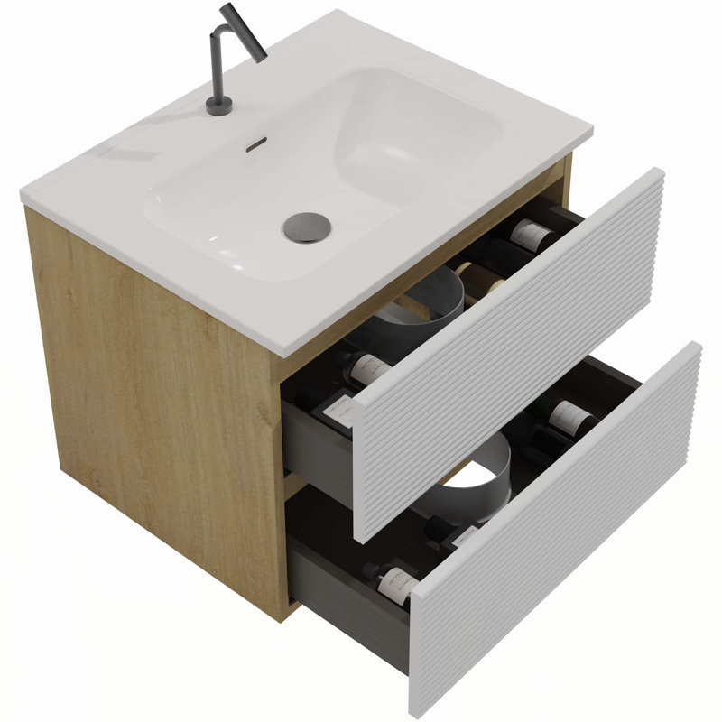 Meuble-lavabo moderne avec lavabo intégré et rangement abondant, Blanc / Chêne clair