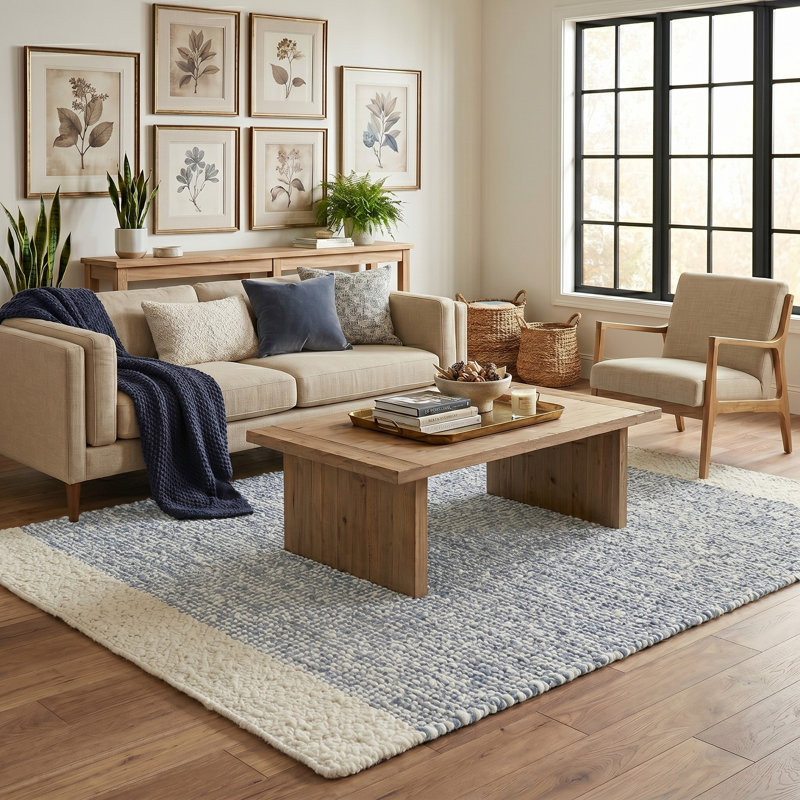 Cazares Contemporary Striped Wool Blend Hand-Woven Area Rug, Rectangle 5'9" x 8'9"
