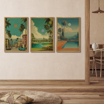 Retro Palm Springs Landscape Mid-Century Modern Home Decor - Framed Canvas Bedroom Wall Art Set of 3 Prints