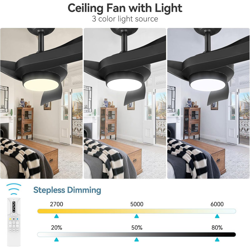 Ventilateurs de plafond avec lumières, ventilateur de plafond de 52 pouces à 6 vitesses avec 2 tiges de contrôle, télécommande, ventilateur à DEL à intensité variable, réversible, moderne, silencieux, intérieur / extérieur
