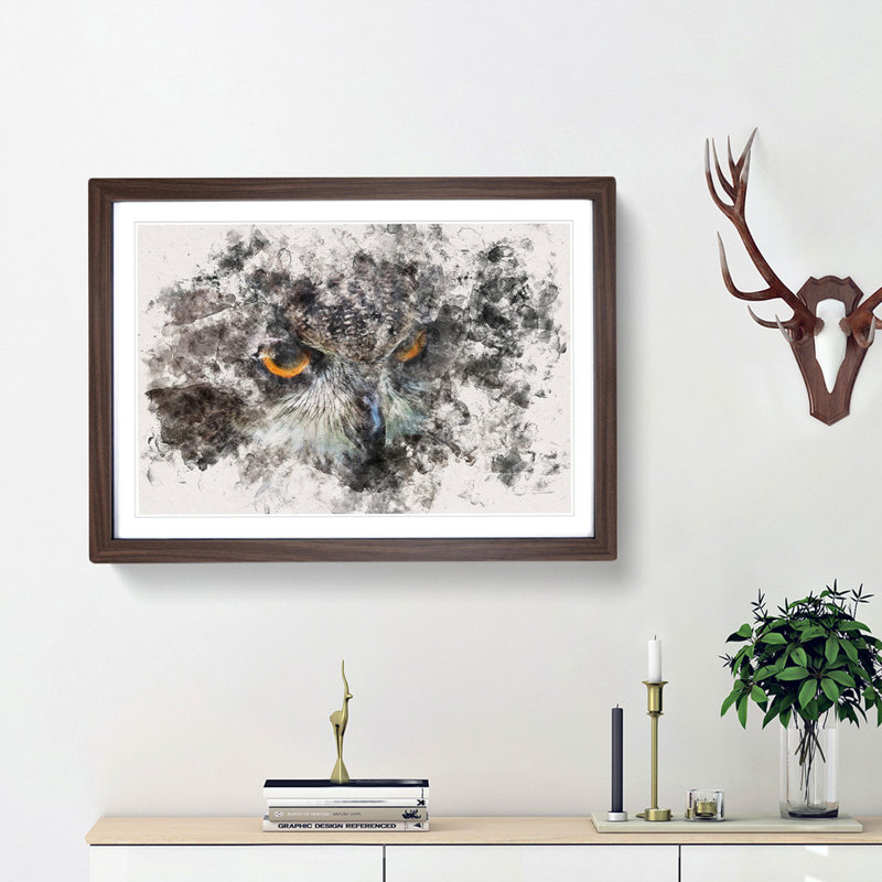 A Great Horned Owl Watercolour - Single Picture Frame Print on MDF, Walnut Framed, 36cm H x 48cm W x 2cm D