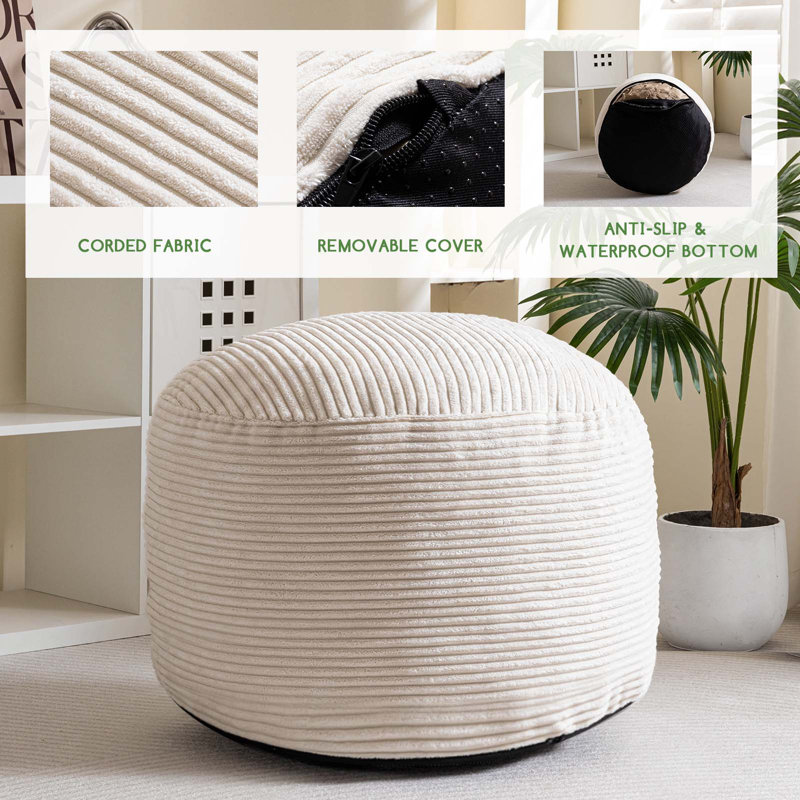 Round Corduroy Pouf Ottoman, Beige Corduroy, 26"