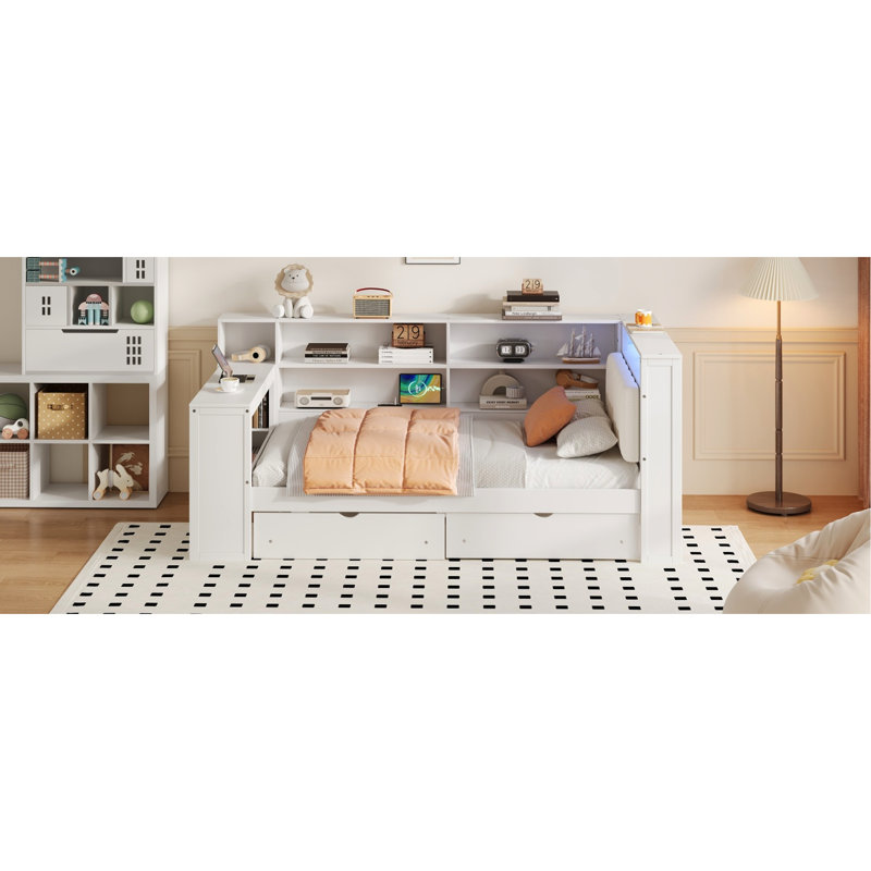 Twin Size Wood Platform Bed With Upholstered Headboard, Multiple Storage, Charging Station, Led Lights And Built - In Desk, White + Beige Cushion Ample Storage Shelves, 2 Drawers, Ports, Ambiance,