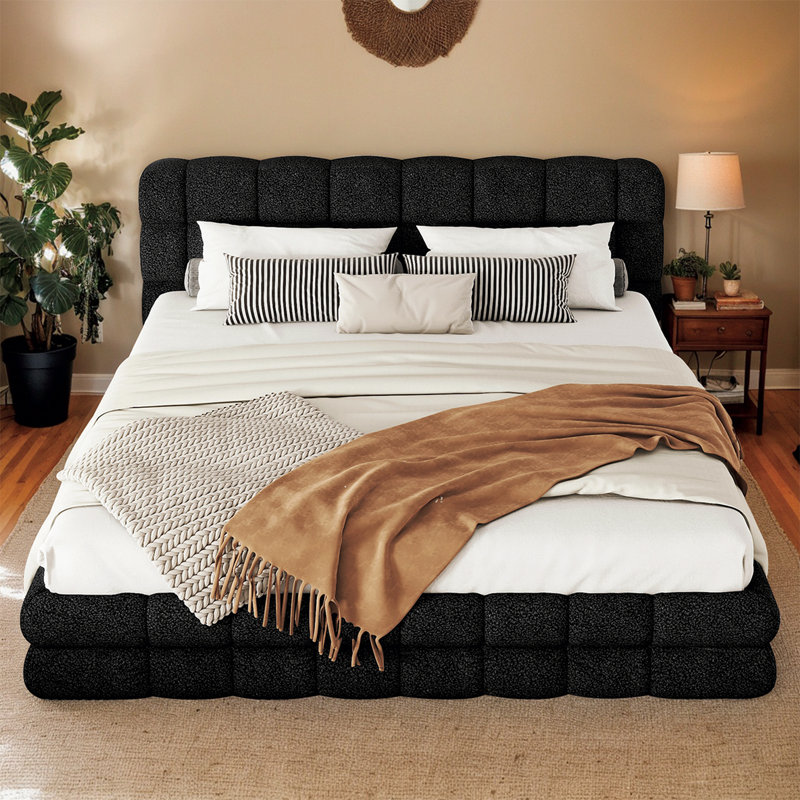 Élégant grand lit tapissier avec tête de lit rembourrée de mousse - aucun sommier nécessaire, Noir