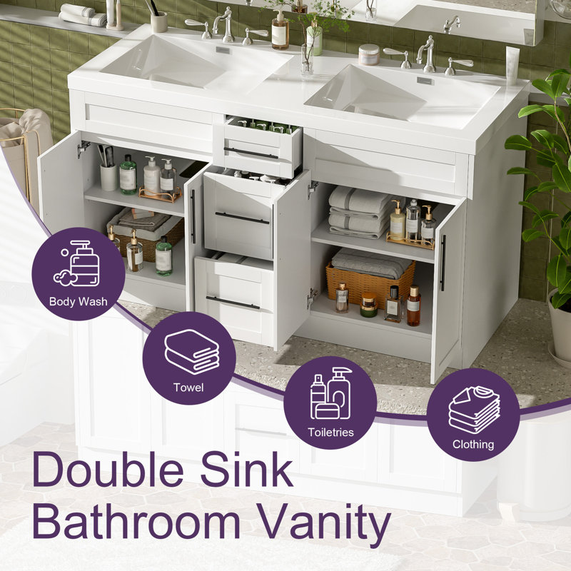 Contemporary 59.3 Inch Double Sink Bathroom Vanity With Smc Top, Mdf Cabinet, Solid Wood Frame, Soft Close Doors, White
