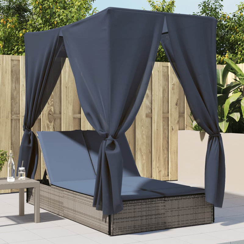  Double Sun Lounger With Roof And Curtains Gray Poly Rattan, Navy Cushion/Gray Frame