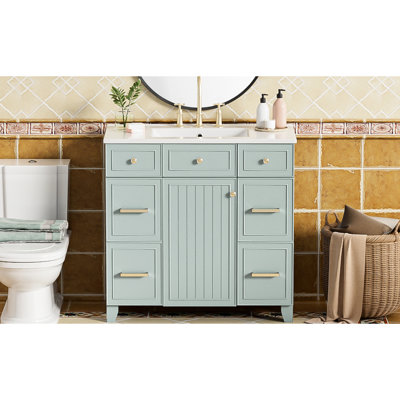 Meuble-lavabo de salle de bain, construction en bois massif, lavabo en céramique, 3 tiroirs, tablettes réglables, rangement silencieux pour portes en bois de 36 po, porte à fermeture en douceur,