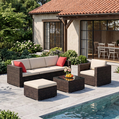 Ensemble de meubles de patio en osier 6 pièces, canapé modulaire d'extérieur avec coussins et coussins moelleux, ensemble de conversation toutes saisons avec table en verre pour pelouse, jardin, bord de piscine