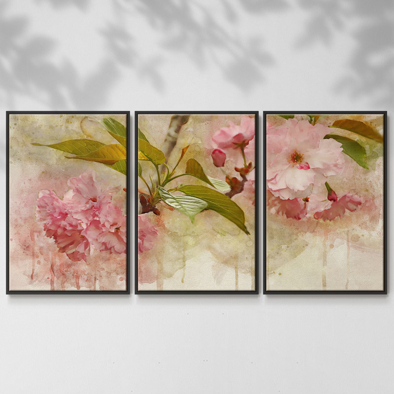 «Blossom Elegance II», reproduction de cadre flottant sur toile 3 pièces, Noir, H 24 po x l 48 po x P 2 po