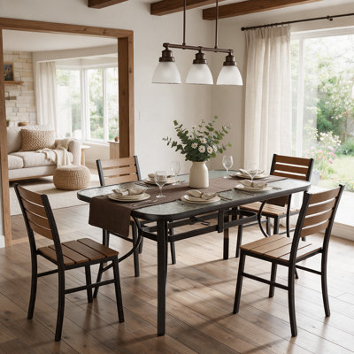 Table de patio/intérieur avec trou pour parasol de 4,3 cm (1,69 po), table de salle à manger rectangulaire en verre trempé de 76 x 140 cm (30 x 55 po) pour 6 personnes, mobilier de jardin en métal, résistant aux intempéries, pour patio, jardin, cour, bord de piscine (noir)