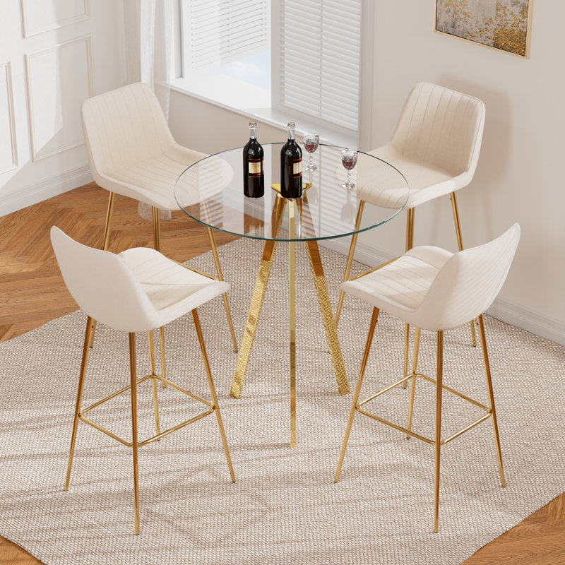 3 Piece Pub Table and Velvet Fabric Pedestal Bar Stool Dining Set (Set of 3), 5 Pieces: Table, 4 Chairs, Cream