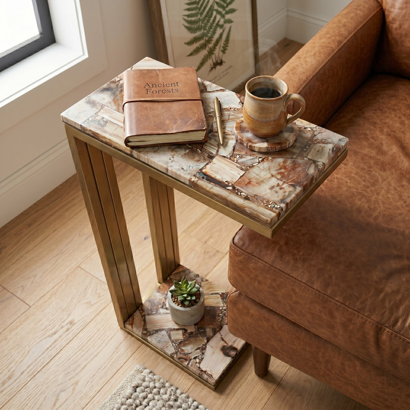 Table d'appoint en bois pétrifié avec base en forme de C pour le salon - Table de bout étroite et élégante pour coin lecture ou patio couvert - 24 po, doré