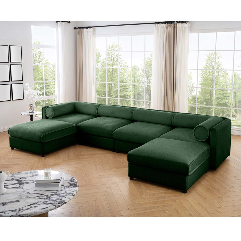 Canapé modulaire moderne en U avec rangement et 2 repose-pieds avec rangement, Chenille verte