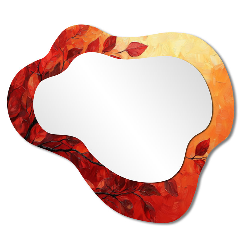 Automne coucher de soleil feuille d'érable I - miroir mural asymétrique, miroir de coiffeuse traditionnel, imprimé sur métal