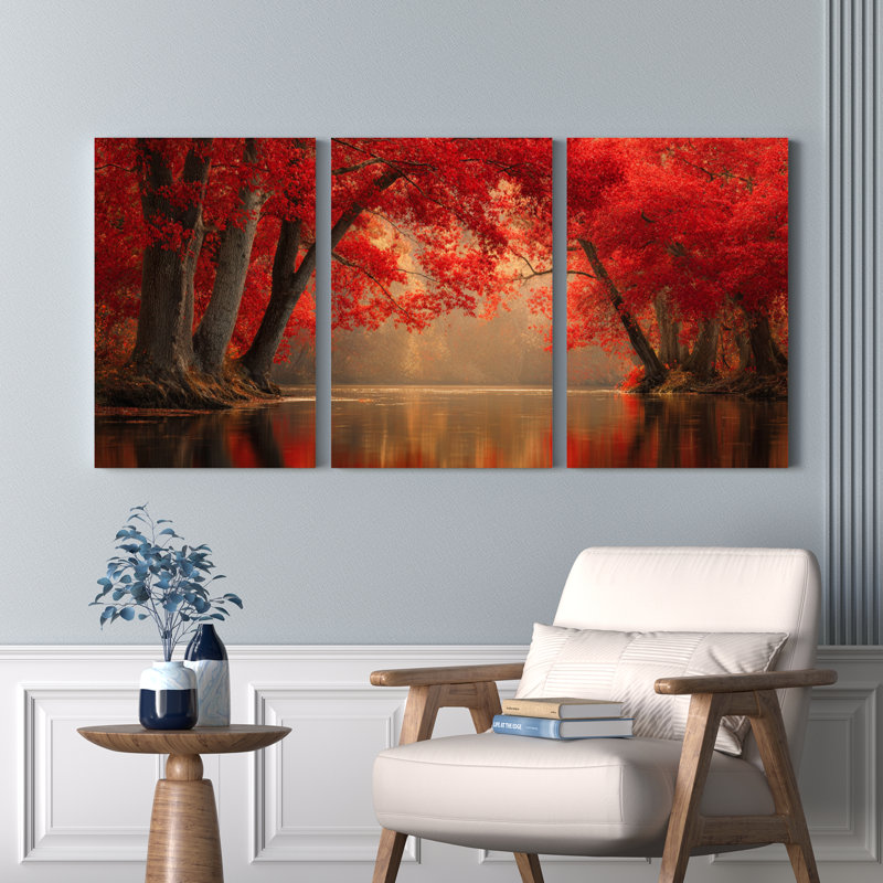 Ensemble de 3 toiles murales « Reflets sur le lac et arbres rouges d'automne », H 30 po x l 60 po