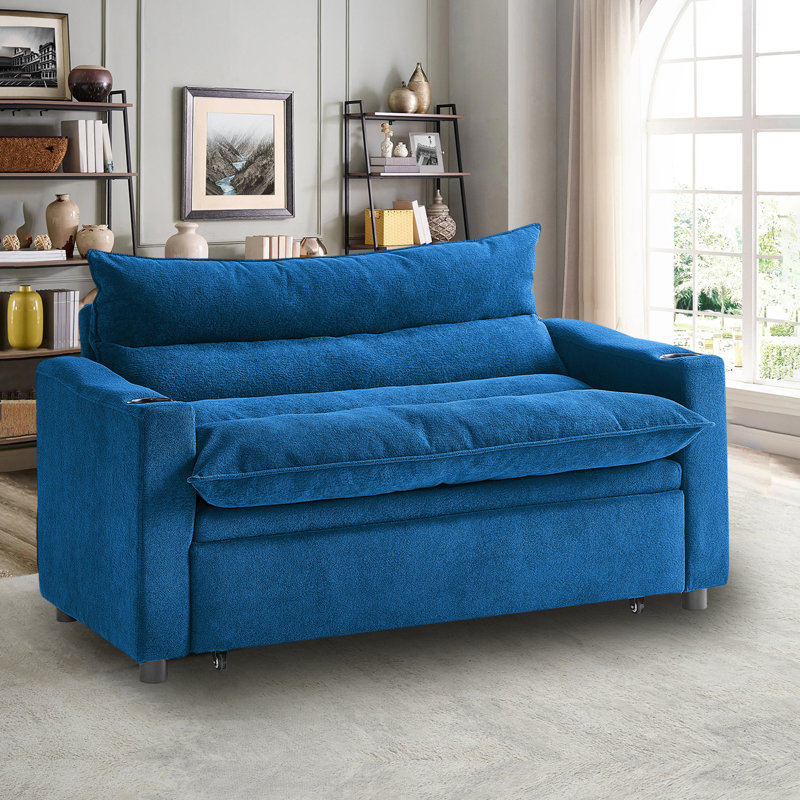 Masir 3 in 1 Convertible Pull Out Sleeper Sofa with Adjustable Backrest & Cupholders, Blue