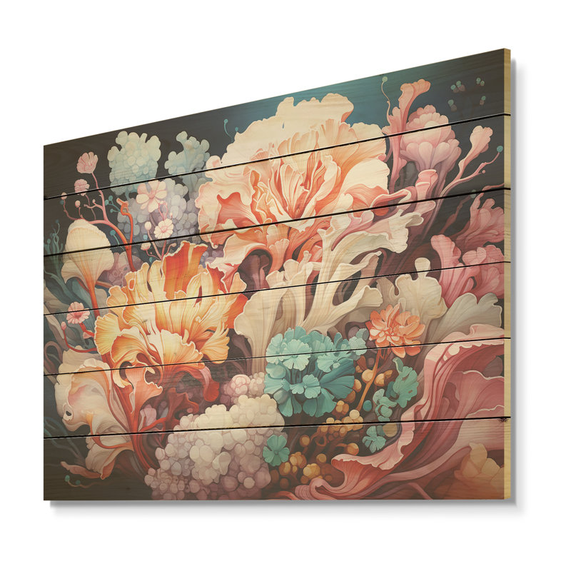 Danse anémone rose - corail côtier sous l'eau, art mural sur bois de pin naturel, H 10 po x l 20 po