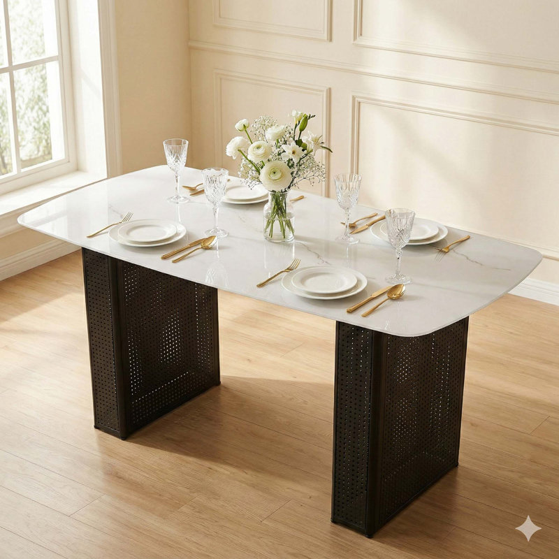 Table de salle à manger rectangulaire moderne en verre trempé avec motif en marbre et base à double piédestal, Blanc, Noir