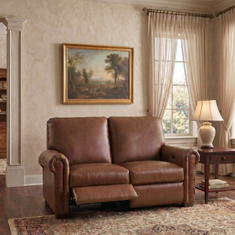 Igon 62.8" Traditional Down-Filled Genuine Leather Power Reclining Loveseat Sofa, Brown