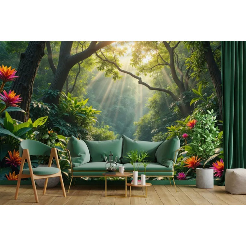 Adhésif mural jungle tropicale brumeuse - auvent botanique floral Sunray Bromeliad, 108" L x 192" W