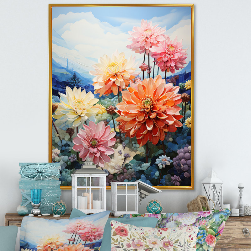 Zabdi Dahlia Field Pointillism Dot - imprimé, H 32 po x l 24 po x P 1 po, Cadre flottant doré