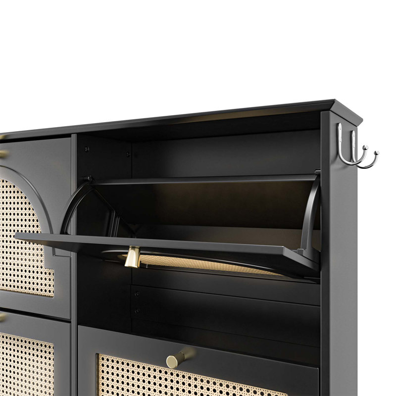 Mid - Century Style Freestanding Shoe Cabinet with Four Flip Drawers, Featuring Hooks for Enhanced Functionality, Black