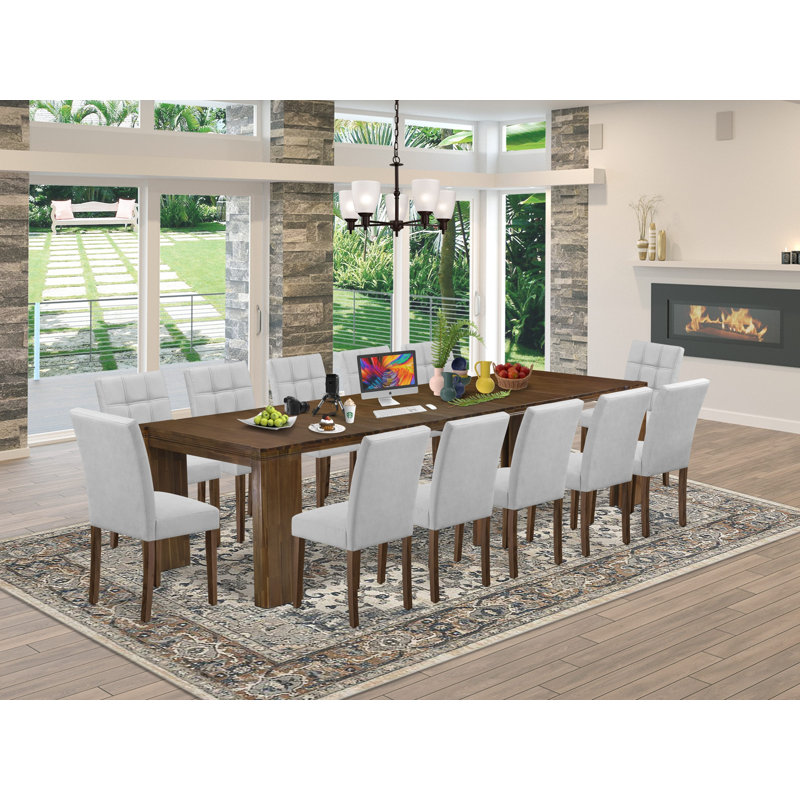 13 Pieces Dining Table Set includes an Extendable Rectangle Kitchen Table and 12 Polyester Fabric Dining Chairs, Antique Walnut