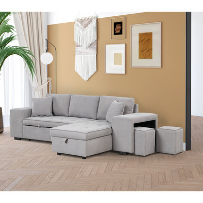 Canapé coulissant, canapé modulaire multifonctionnel et méridienne réversible avec 2 repose-pieds amovibles et accoudoirs avec tablettes ouvertes