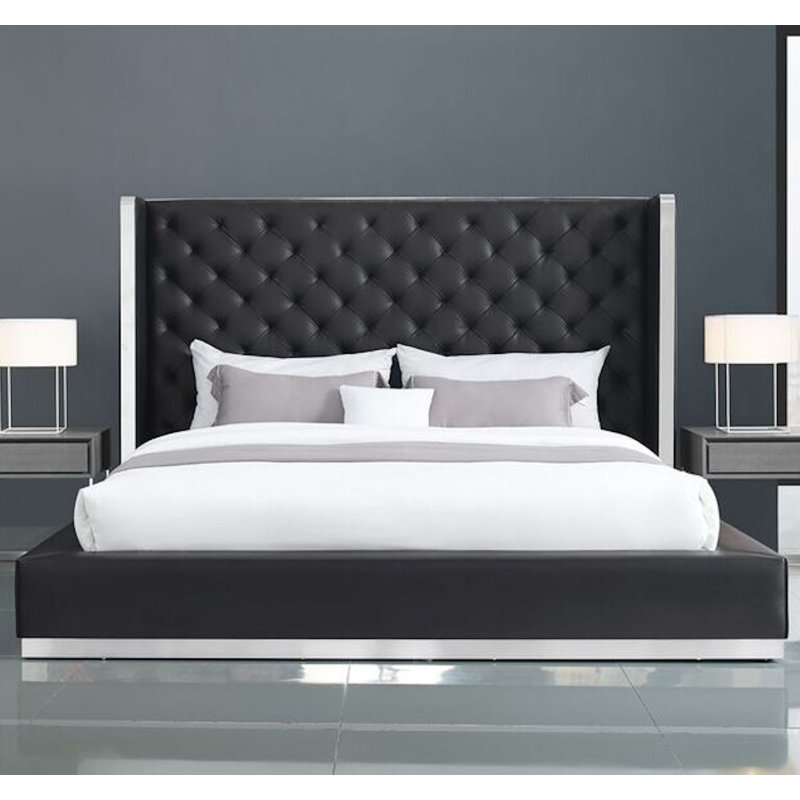 Vegan Leather Wingback Bed, Queen, Black
