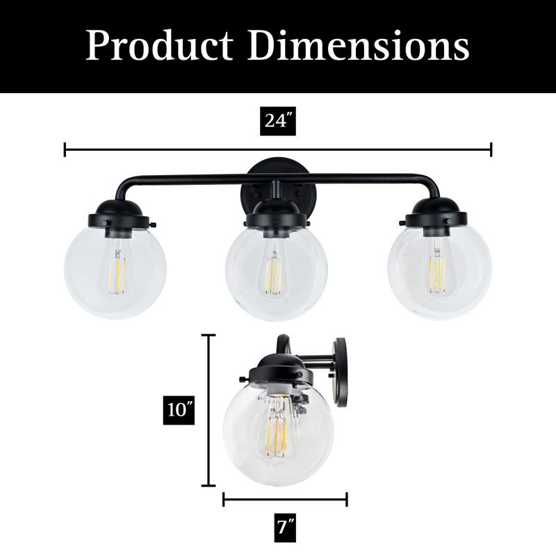 Applique murale de salle de bain 3 lumières à globe en verre avec ampoule à DEL Edison ST19 6W 2700K, Noir mat