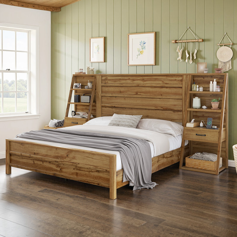  Louby Farmhouse Full Platform Bed With Headboard, Bookshelves, Charging Station and Drawers, Yellow, Yellow, Full