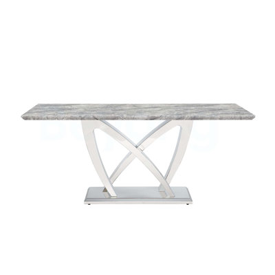 Modern Faux Marble Dining Table for 6, Stylish Rectangular Design with Polished Edges and Mirrored Stainless Steel Base