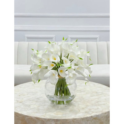 Yellow Real Touch Calla Lilies Arrangement Faux Flowers In Glass Vase