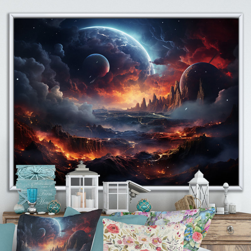 Orange, noir, astronomique, espace, rêves II, H 34 po x l 44 po x P 1,5 po, Cadre flottant blanc