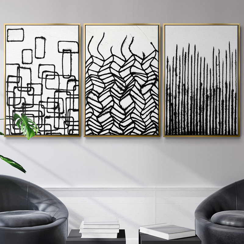Linear Effervescence I - Ensemble de 3 reproductions encadrées sur toile, Or, H 40 po x l 78 po x P 2 po