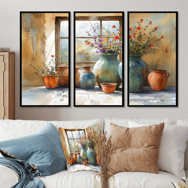 «Farm Pottery Earthy Treasures I - Boho Pottery», ensemble de reproduction d'art mural, Toile avec cadre flottant noir