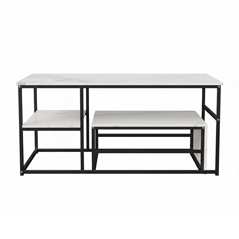 105Cm Modular Coffee Table Set (Set Of 2), Nesting C-Table With Multi-Level Shelves, Wood Grain, Gold & Black
