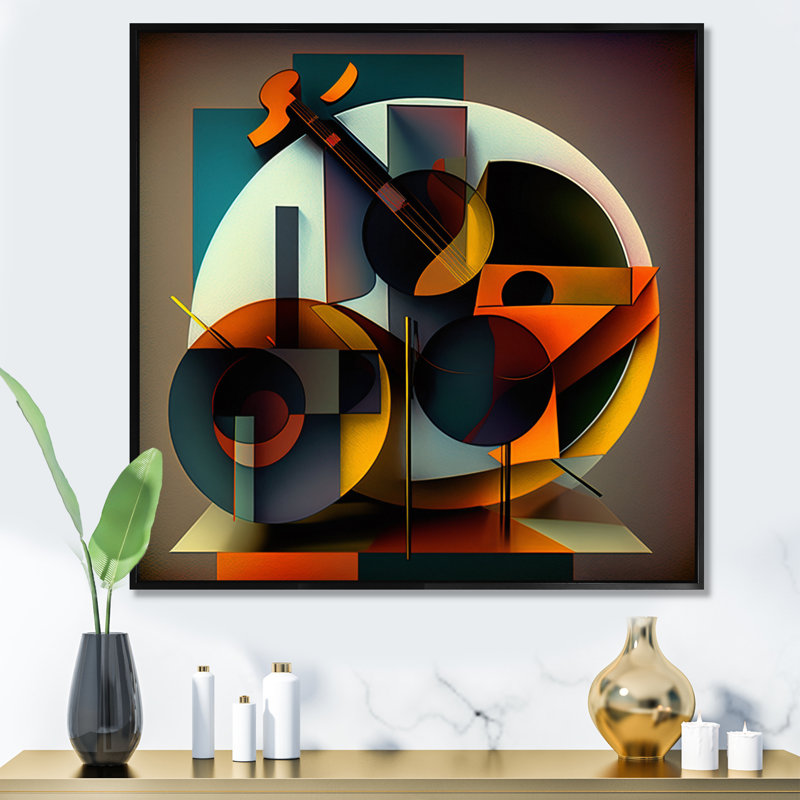 Abstrait, guitare rétro, géométrique, symphonie musicale I - impression, 36" H x 36" W, Silver Picture Framed