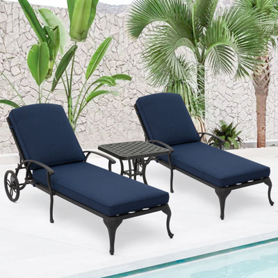 Chaise Lounge Chair Outdoor - Poolside Chairs Set Of 2 With Cushion And 1 Patio Side Table Cast Aluminum Waterproof Lounger With Wheels And Adjustable Reclining (navy Blue Cushion)