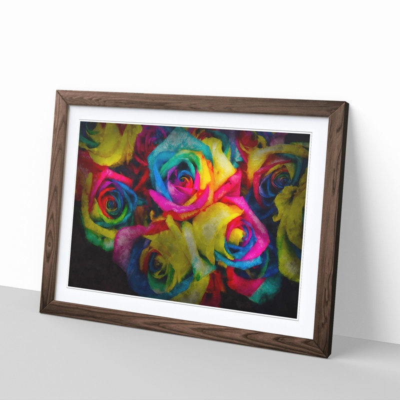 Multi-Coloured Rainbow Roses - Picture Frame Graphic Art Print, 24cm H x 33cm W x 2cm D, Walnut Framed