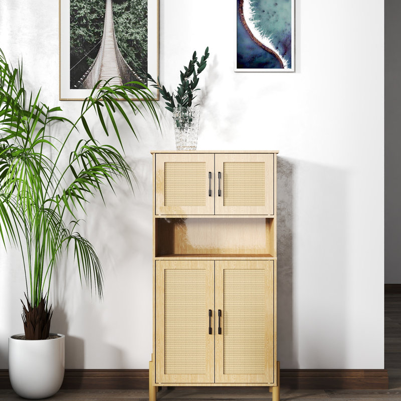 Armoire de rangement Mid-Century tissée à 4 portes avec tablettes réglables. Idéal pour les essentiels de salle à manger et l'organisation du salon. Quatre zones de tablettes à efficacité structurelle. Design spacieux, ajoute