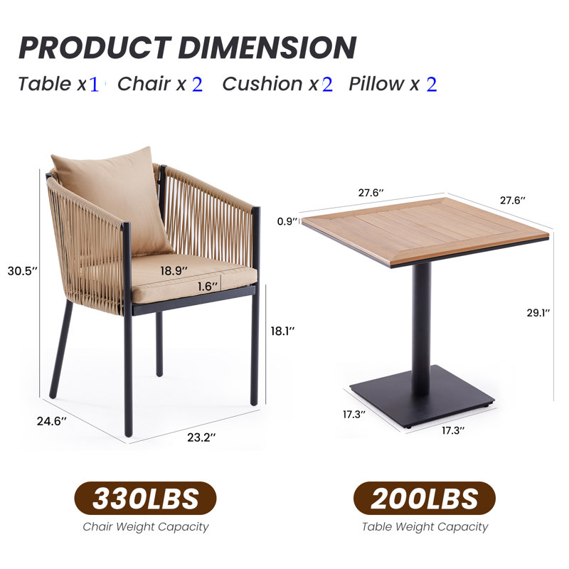 Ensemble repas d'extérieur 2 personnes avec coussins, Beige, Beige