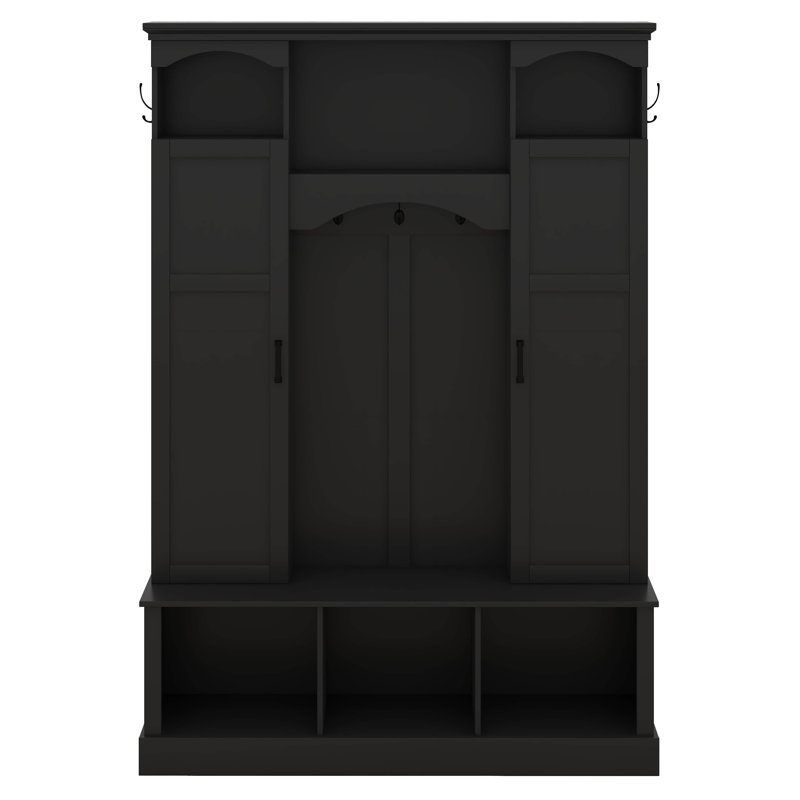 Hall Tree With Adjustable Shelves & 7 Hooks, All-In-One Entryway Organizer, Shoe Cabinet & Storage Bench, Black