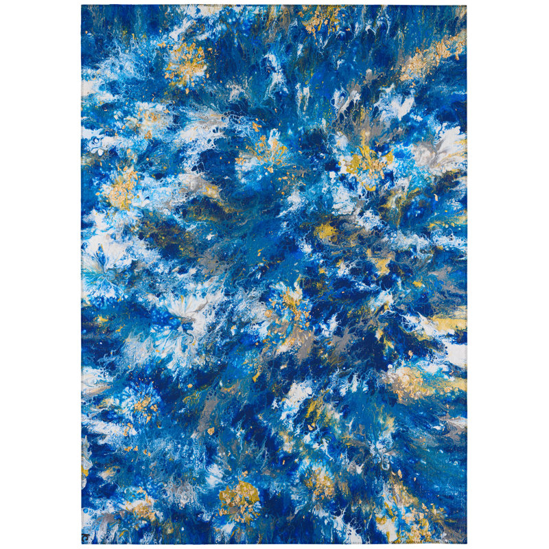 Tapis bleu abstrait tissé à la machine, Rectangle 3 pi x 5 pi