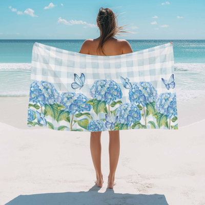 Serviette de plage, hortensia, fleur, bain, serviettes de piscine, bleu d'été, papillon, bison, tissu écossais, serviette de plage, doux, grand, séchage rapide, léger, voyage, sport, yoga, gymnastique, serviettes de bain pour adulte, 30 x 60 pouces