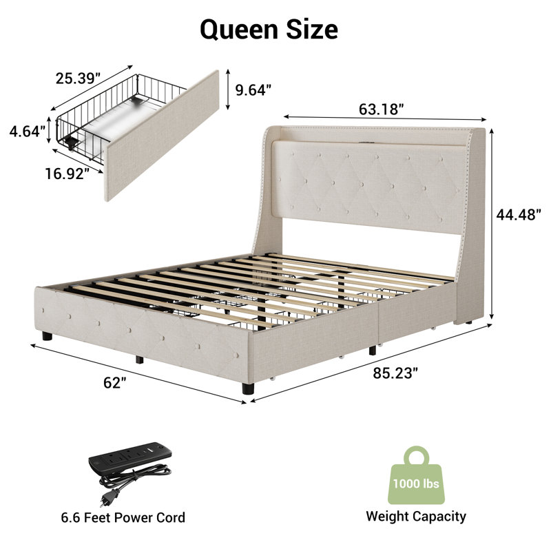 Cadre de lit grand format avec ports USB et prises de charge, cadre de lit grand avec rangement, cadre en métal avec lattes de bois, fabrication lourde, sans sommier, beige
